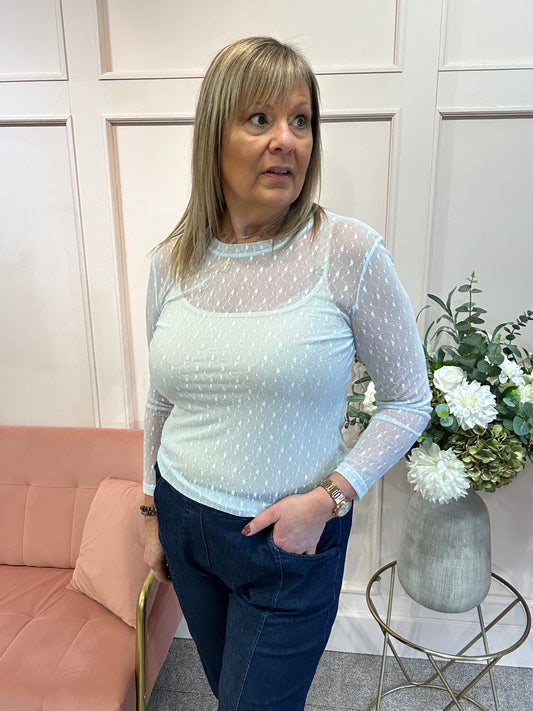 Delicate Floral Mesh Top - Soft Blue - Wardrobe By Simone