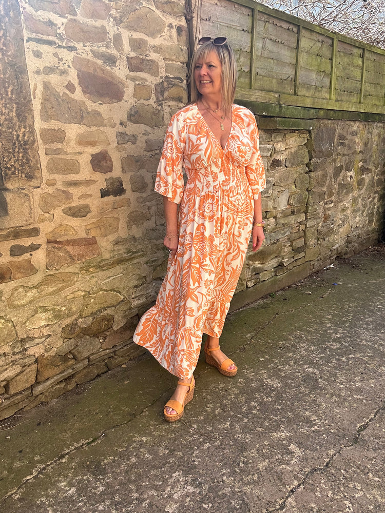 Flower Leaf Mix Maxi Dress - Orange/White