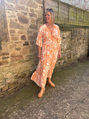 Flower Leaf Mix Maxi Dress - Orange/White