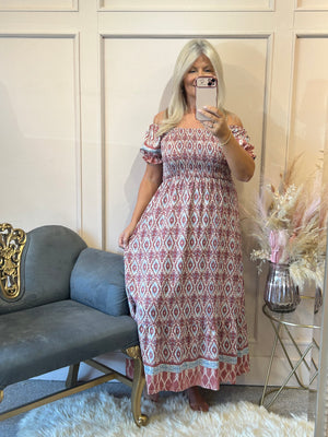 Aztec Mixed Print Dress - Wine/Cream