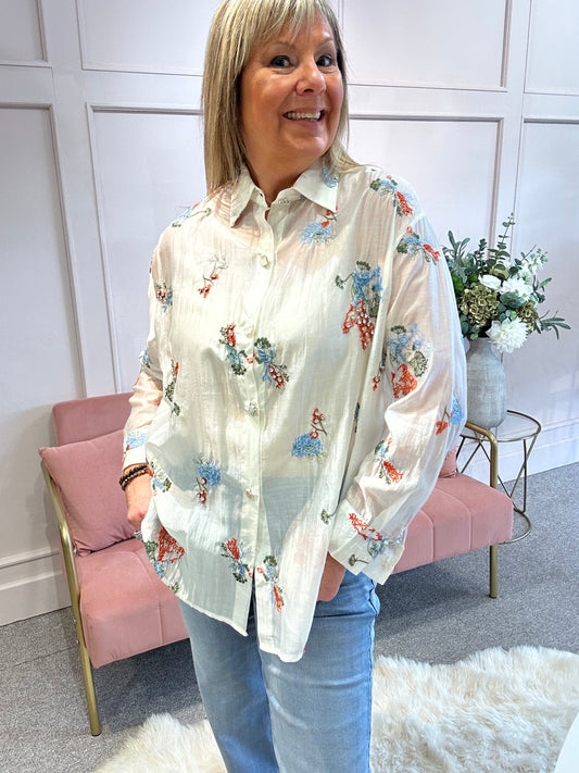 Embroidered Floral & Sparkle Shirt  - Soft Cream - Wardrobe By Simone