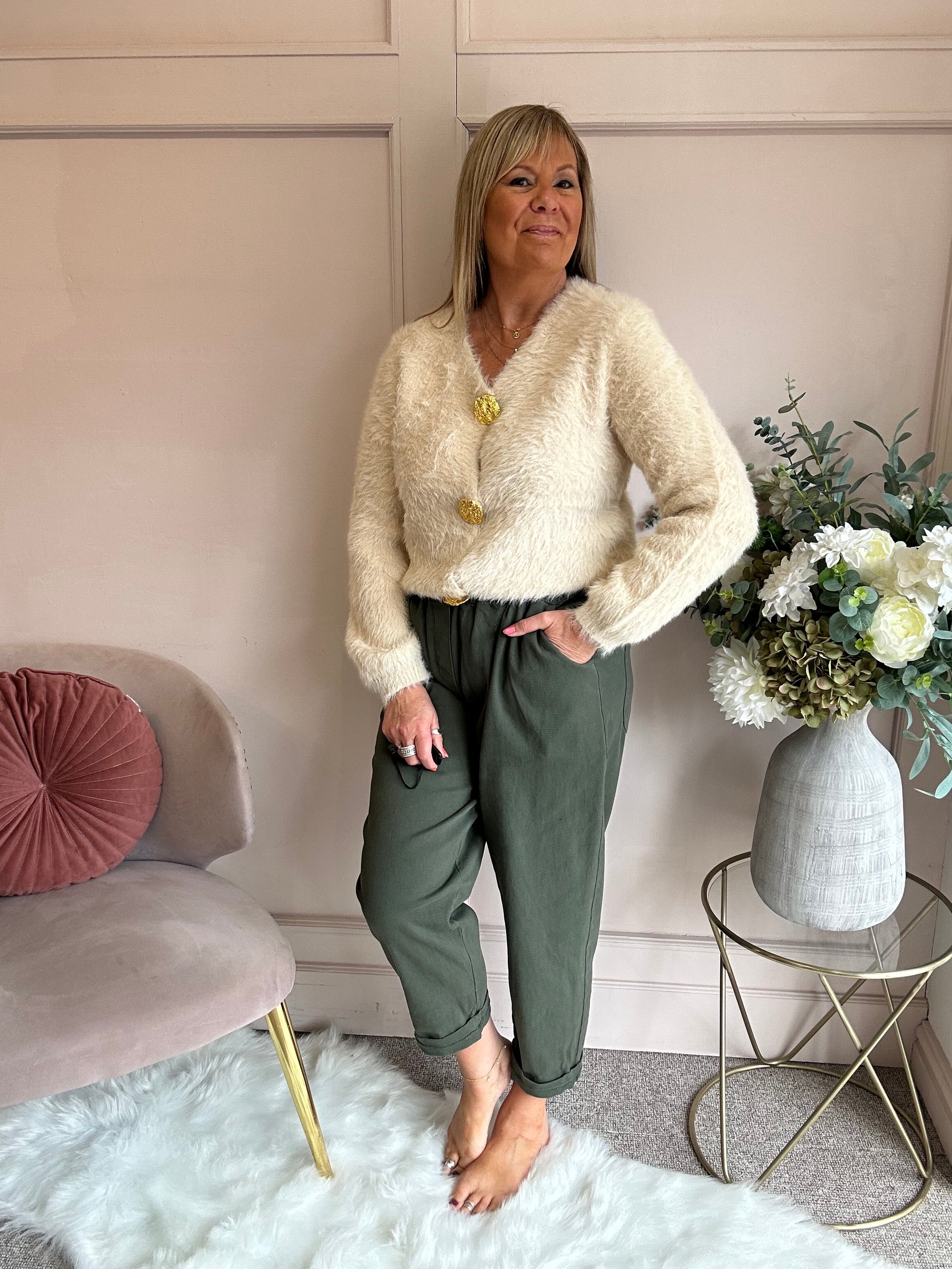 Fluffy Gold Button Cardigan - Latte