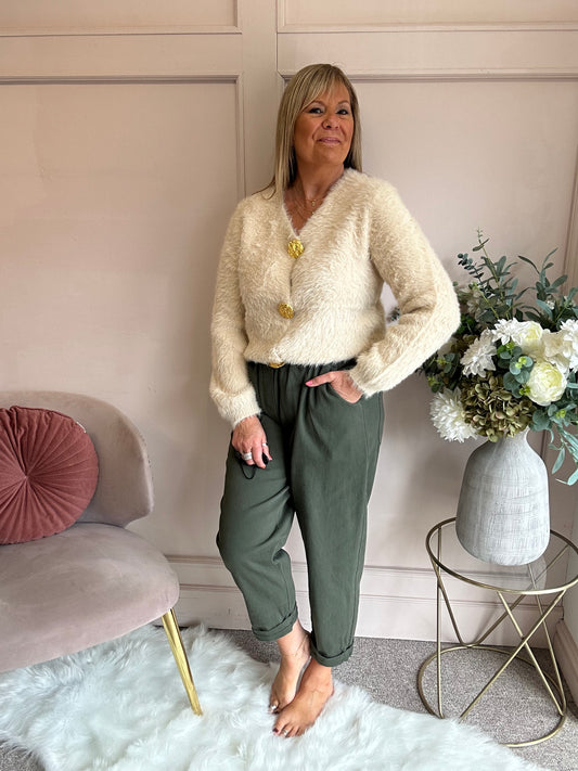 Fluffy Gold Button Cardigan - Latte