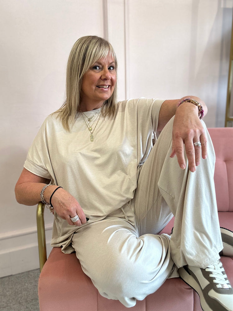 T Shirt & Wide Pant Lounge Set - Creamy Beige - Wardrobe By Simone