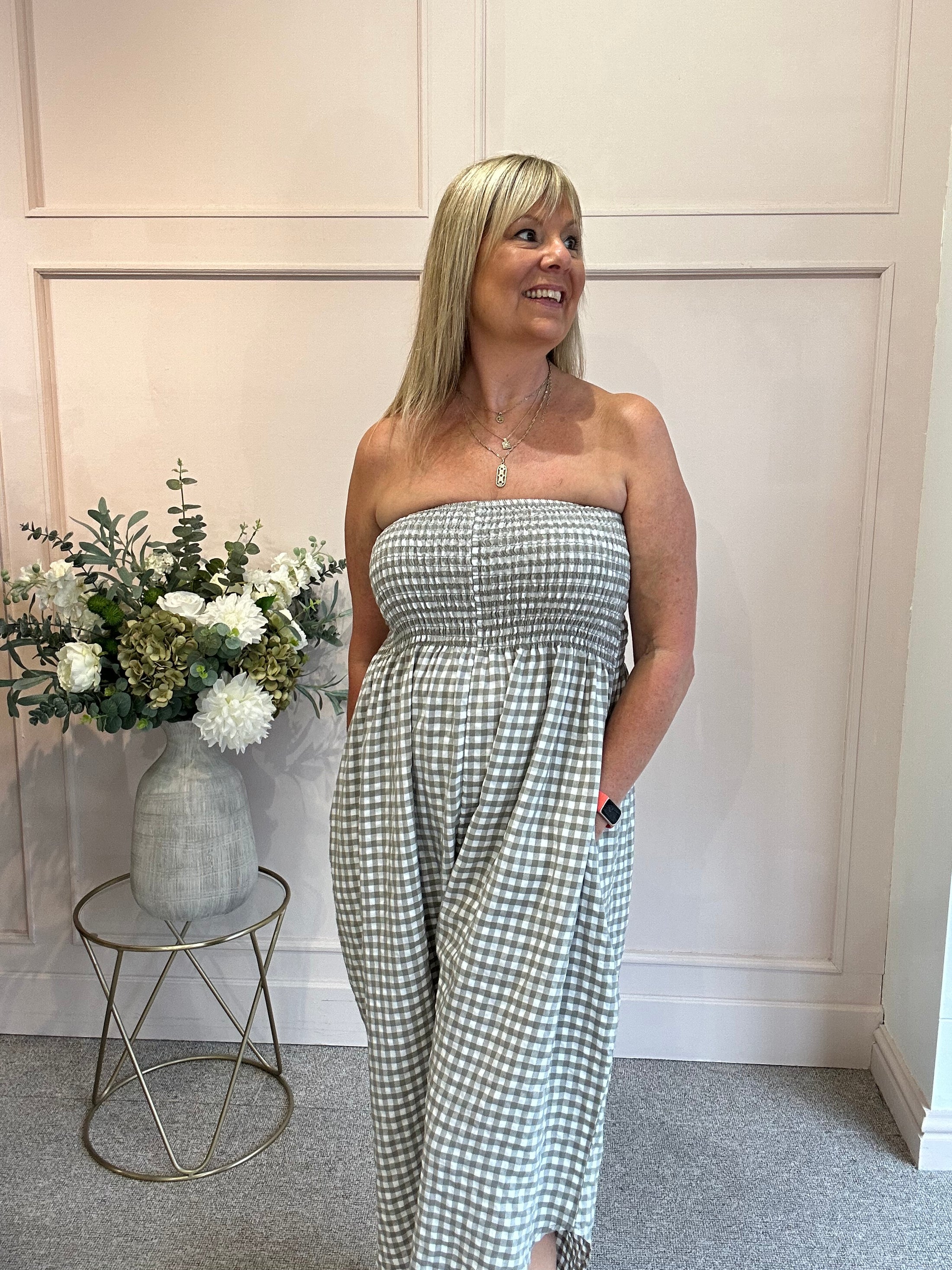 Elasticated Bodice & Gingham Jumpsuit - Taupe/White