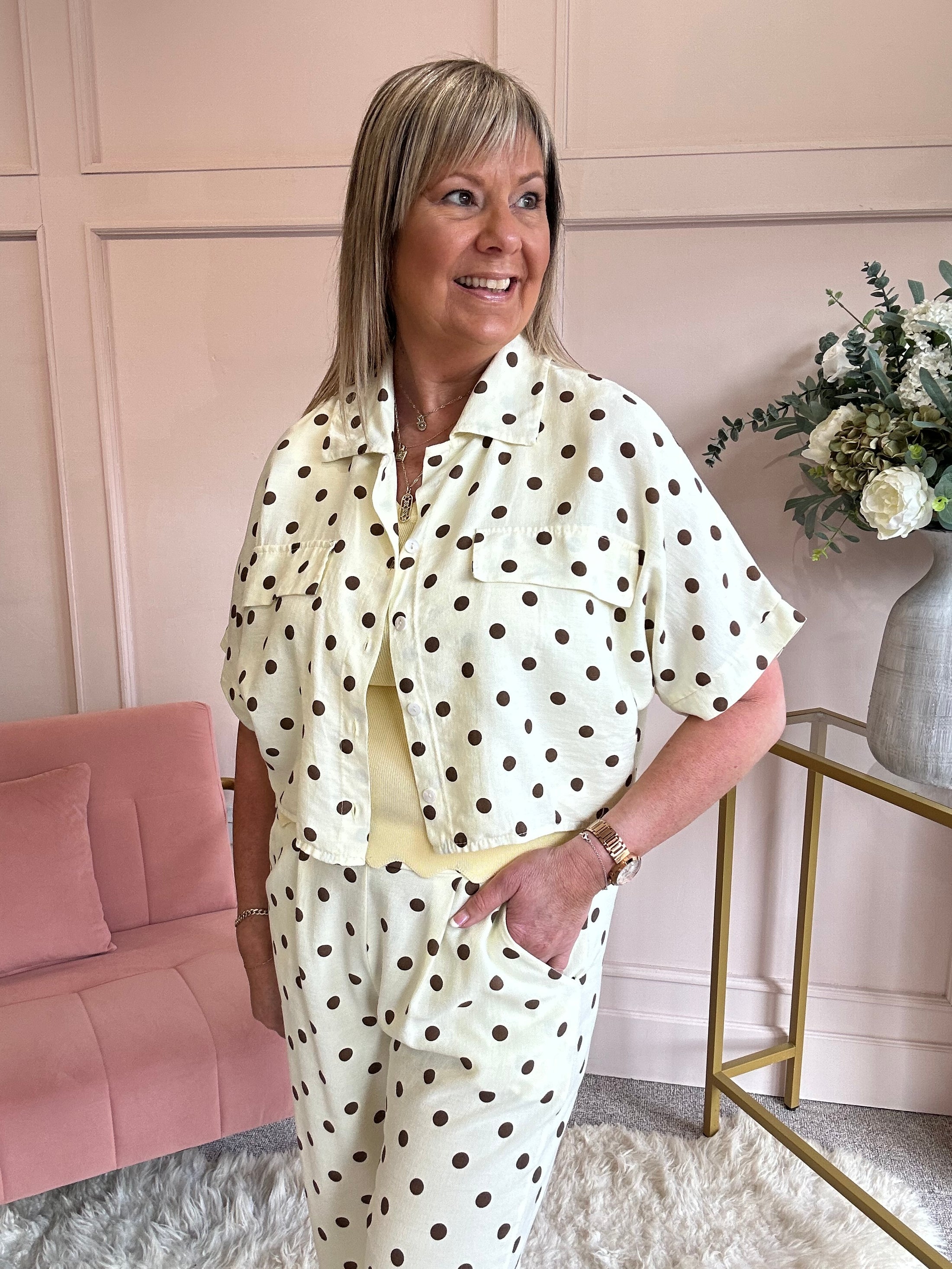 Polka Dot Shirt Pant  Set - Lemon/Brown - Wardrobe By Simone