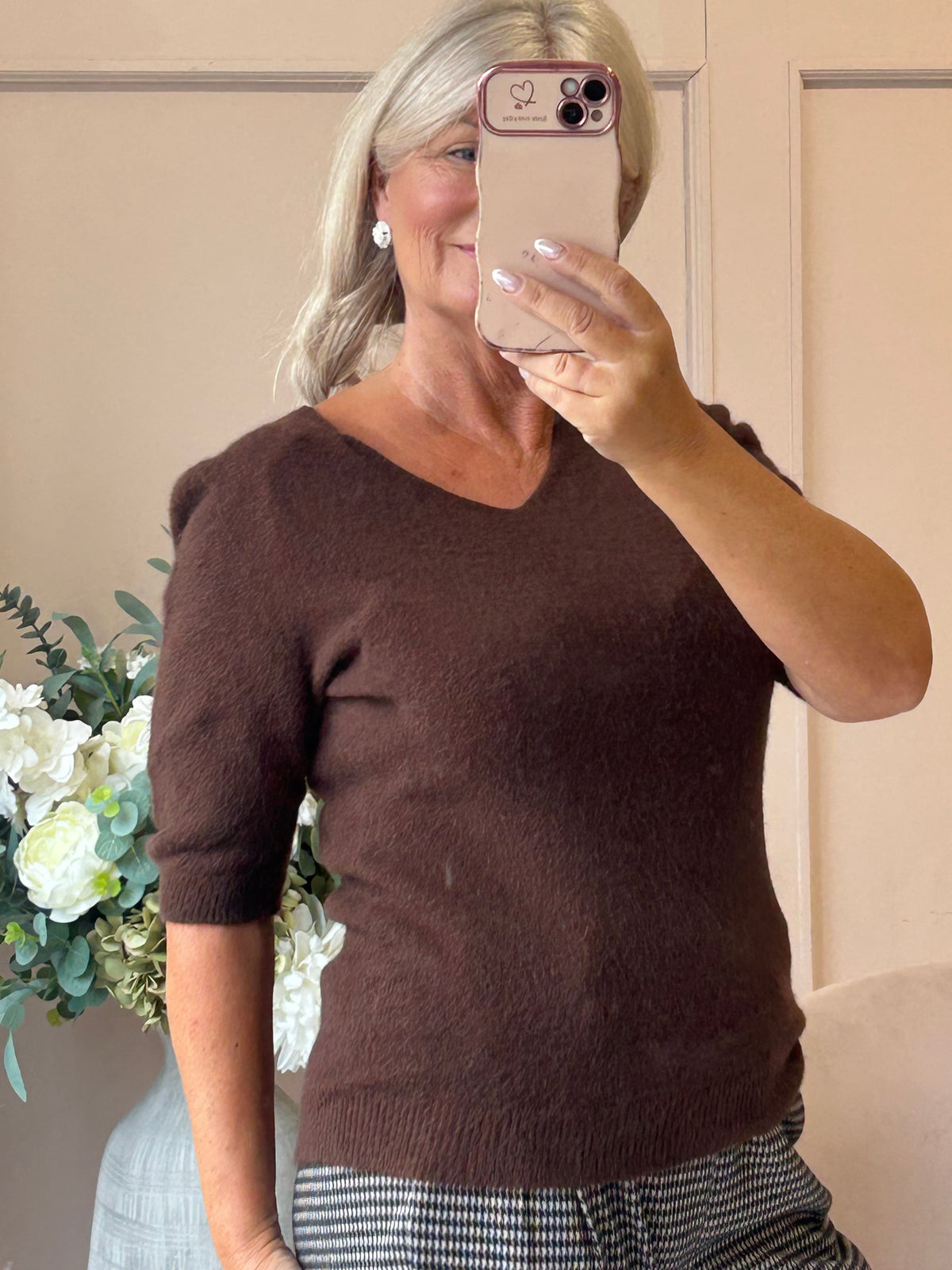 V Neck Short Sleeve Jumper - Chocolate