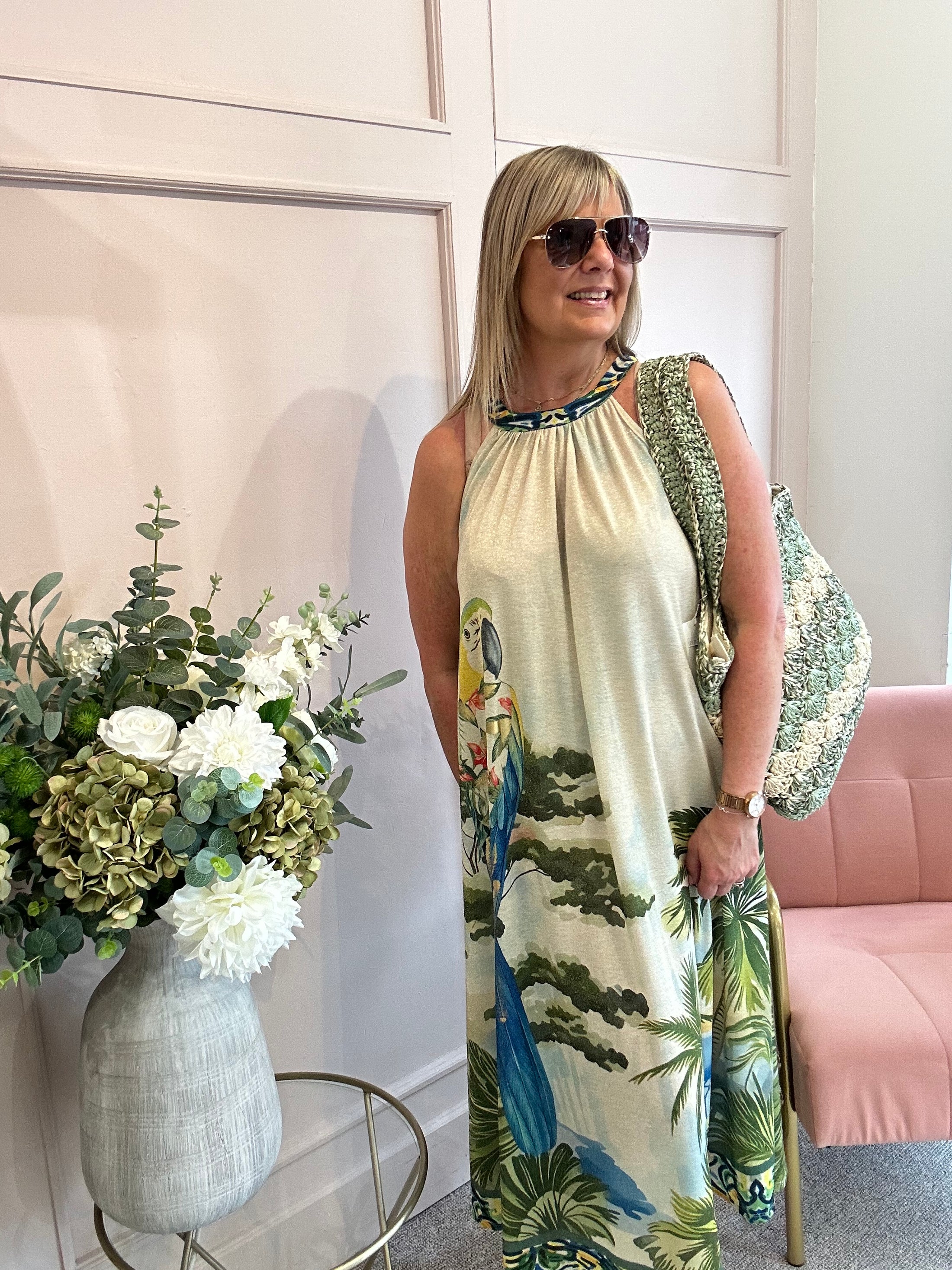 Parrot & Palm Halterneck Dress - Blues/Green