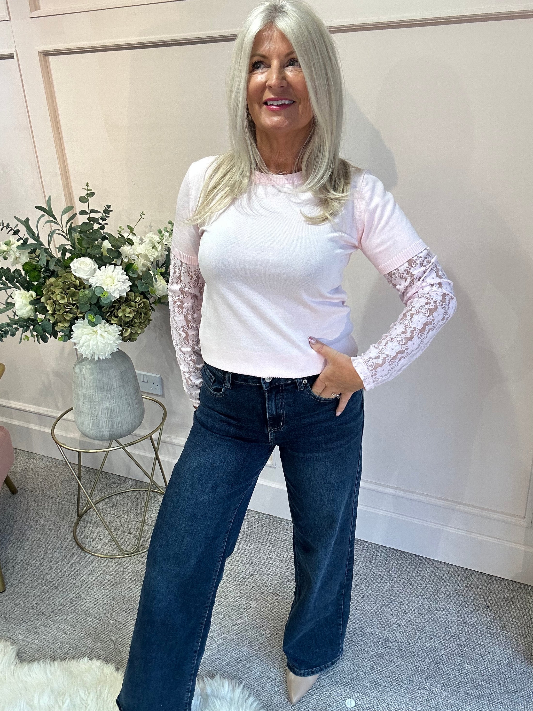 Fine Knit Jumper Lace Sleeve - Pink