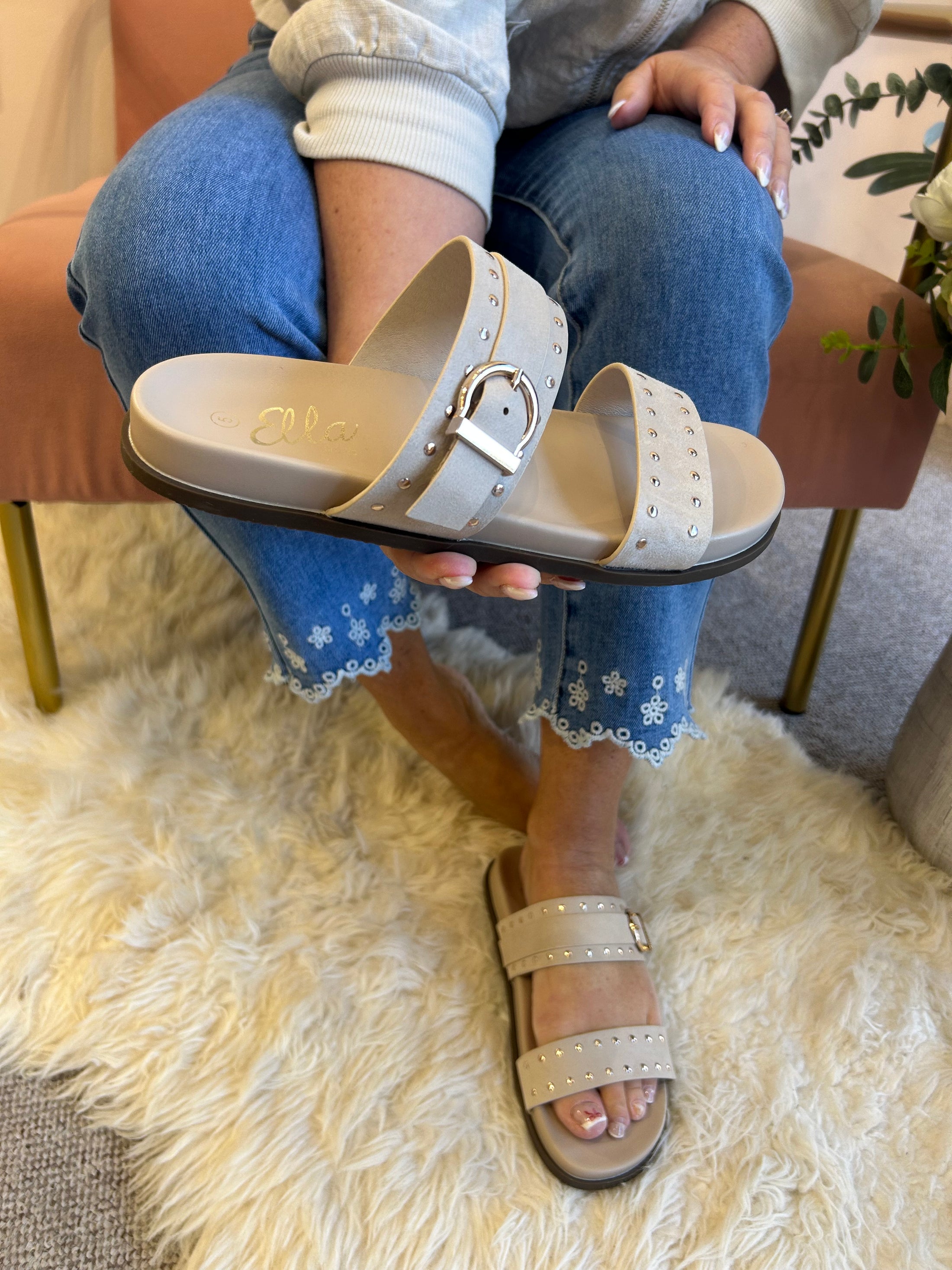 Julia Gold Stud & Buckle Sandal - Cream