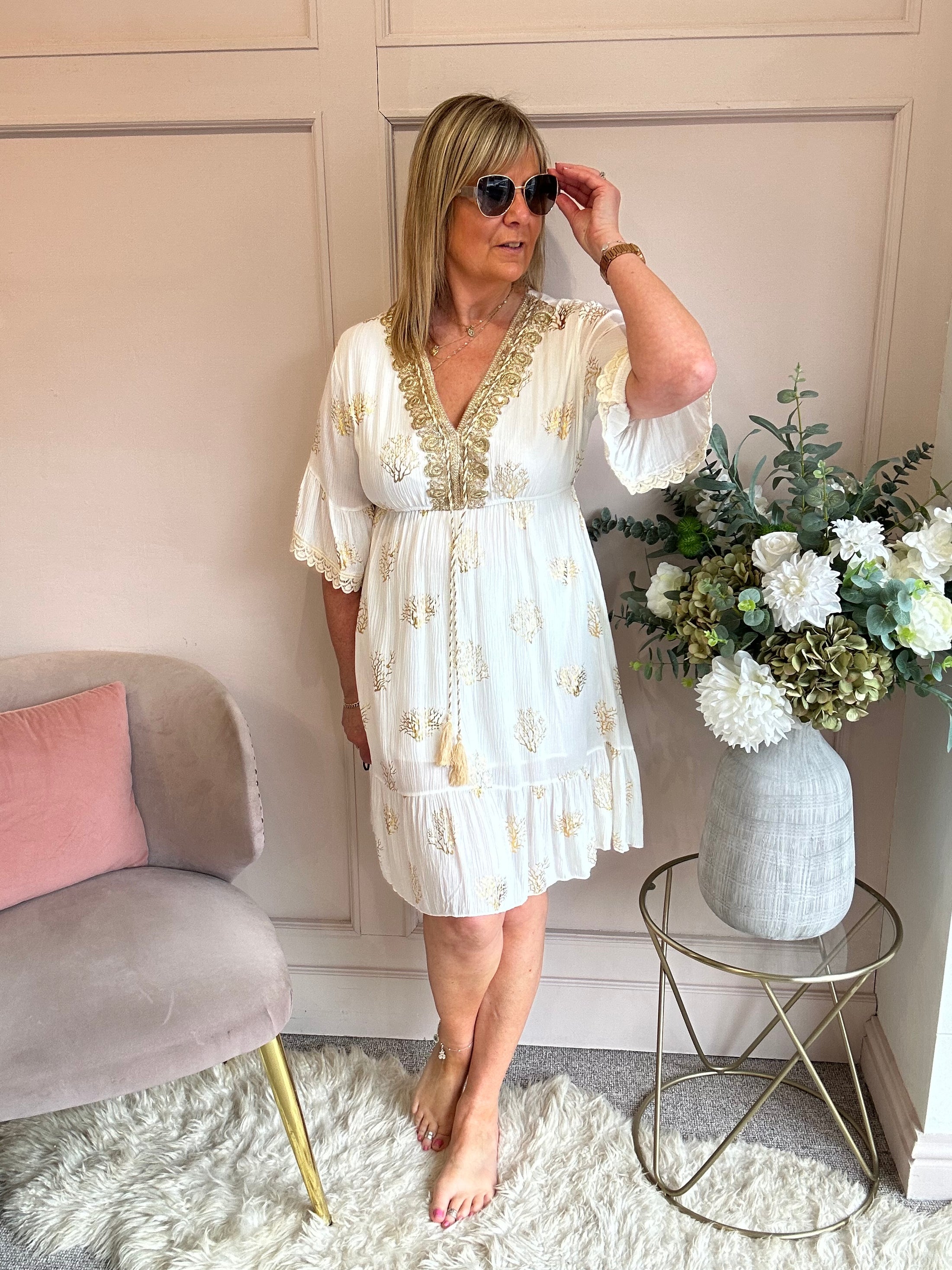 Embroidered Gold Midi Dress - Soft Cream/Gold - Wardrobe By Simone
