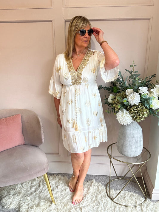 Embroidered Gold Midi Dress - Soft Cream/Gold - Wardrobe By Simone