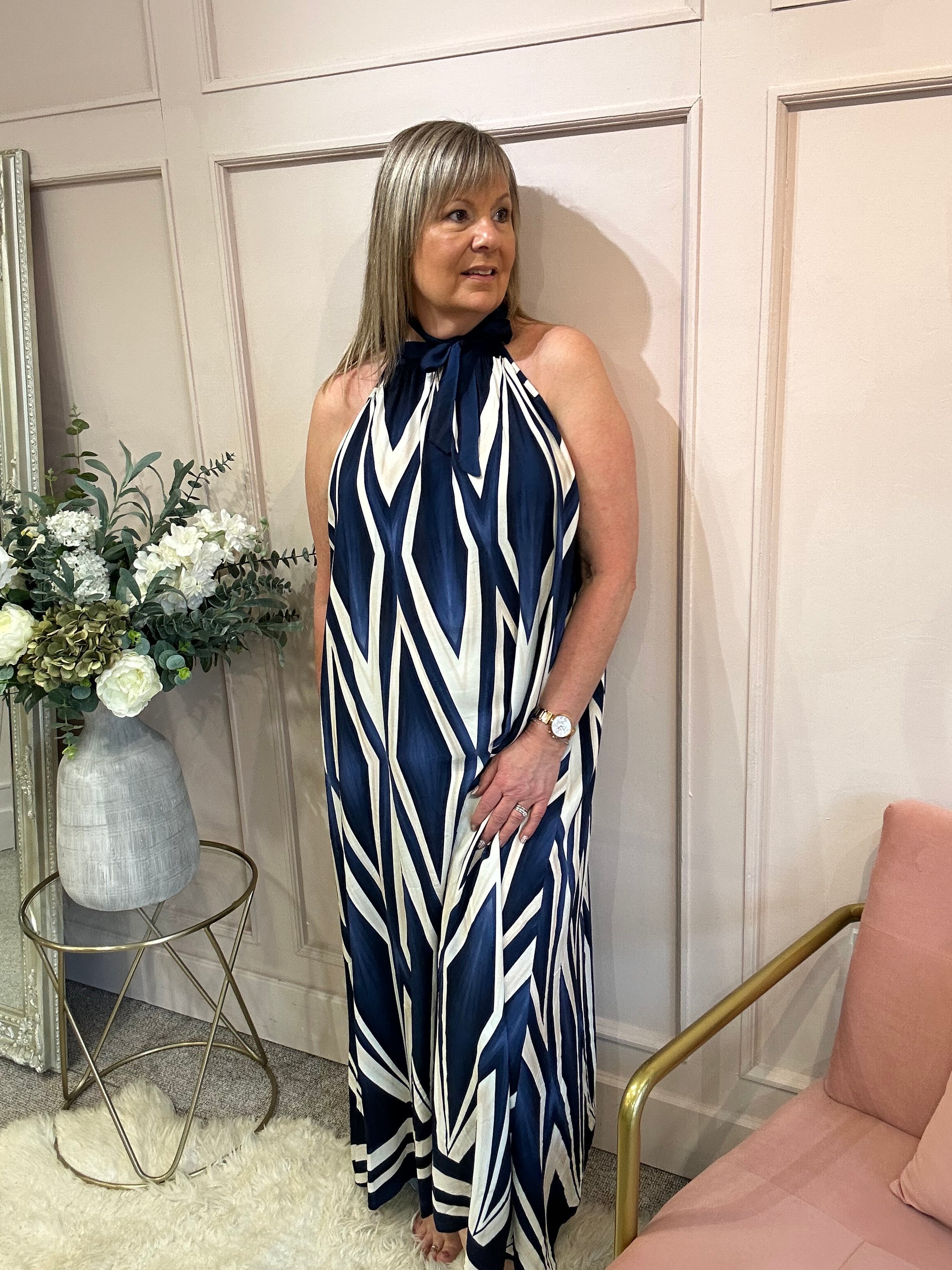 Halter Neck Maxi Dress - Navy/Cream - Wardrobe By Simone