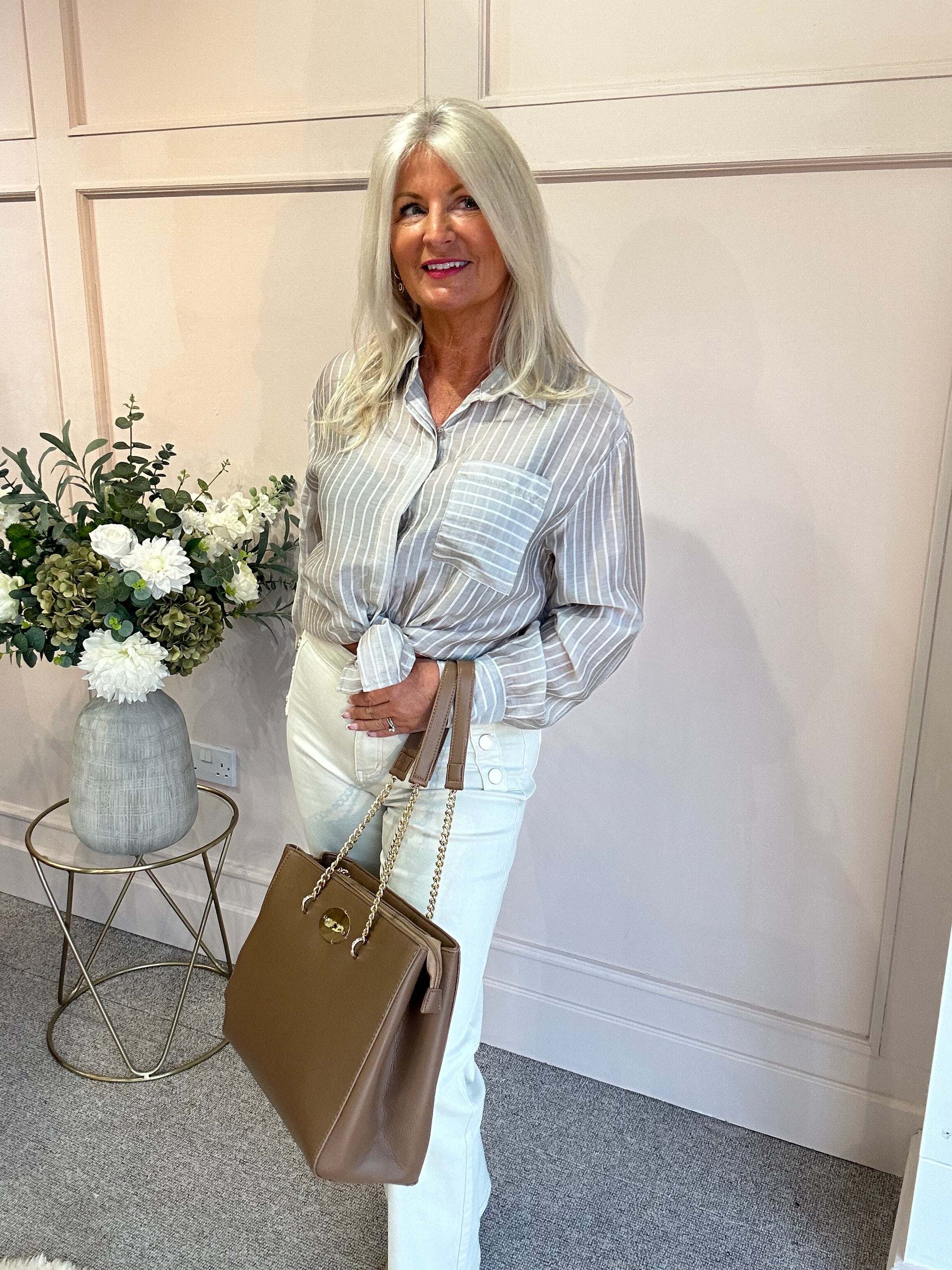 Beige & White Striped Shirt - Beige