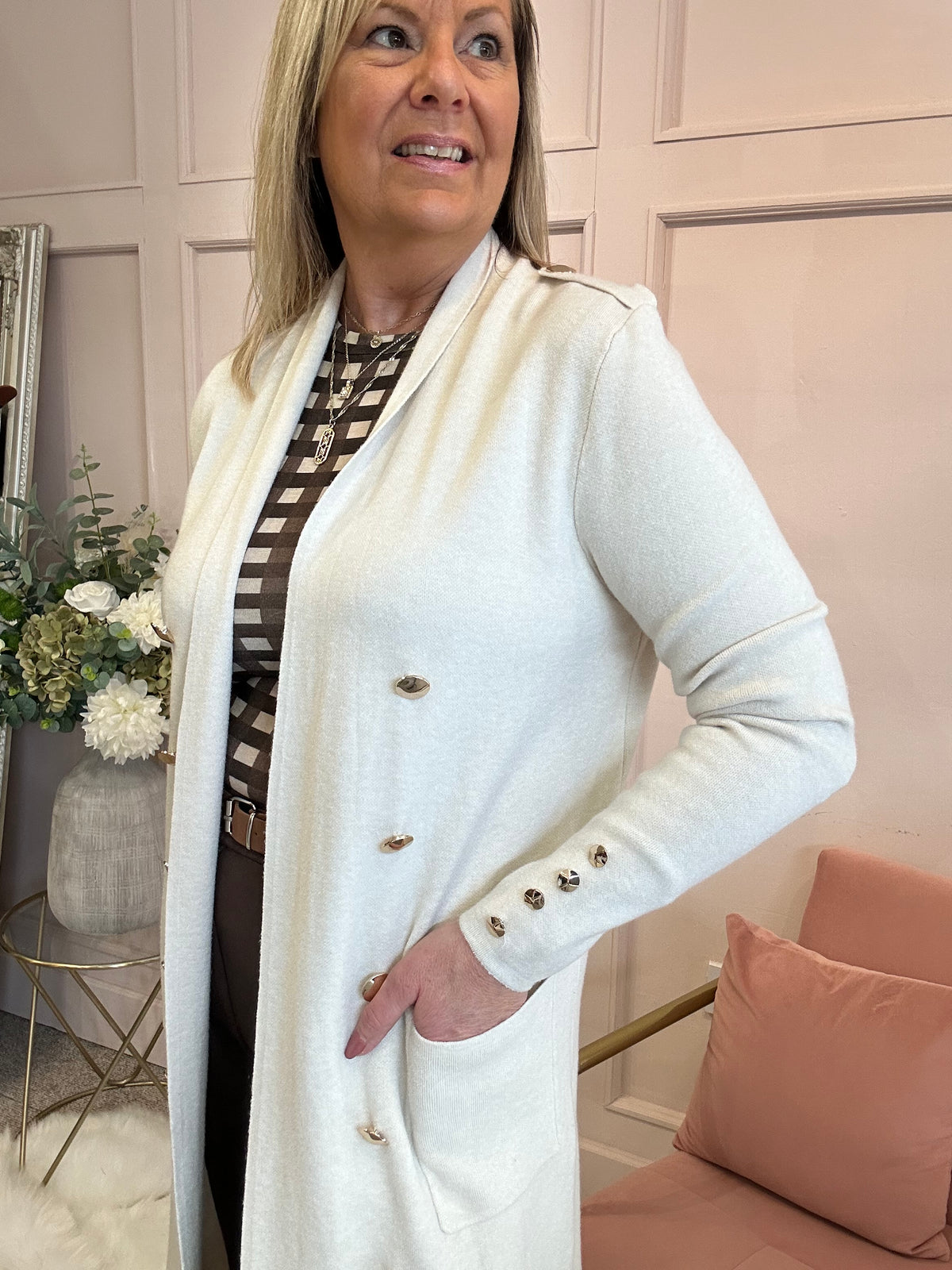 Long Gold Button Cardigan/Jacket - Cream