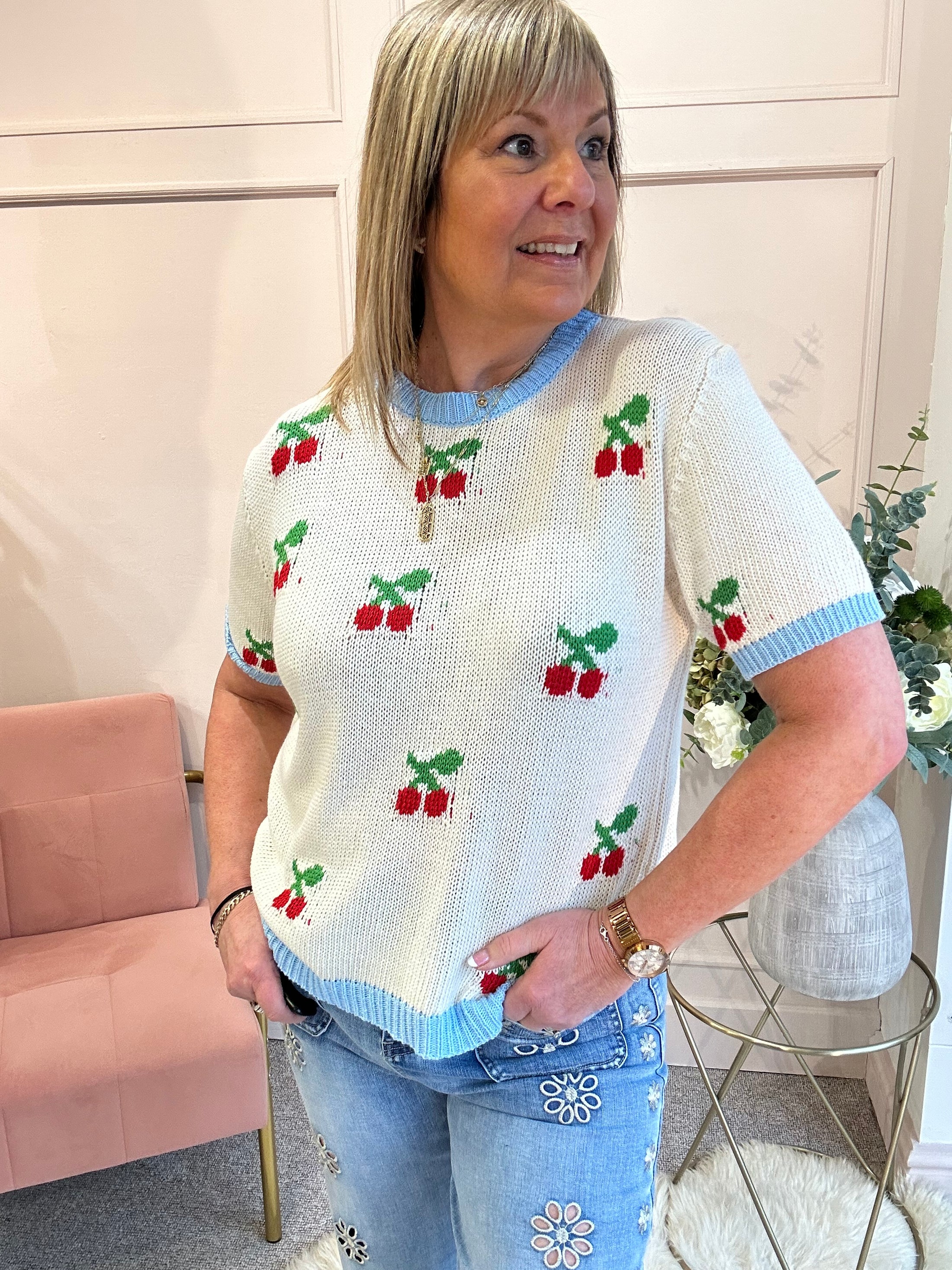 Cute Cherry Knit Jumper - Cream/Blue - Wardrobe By Simone