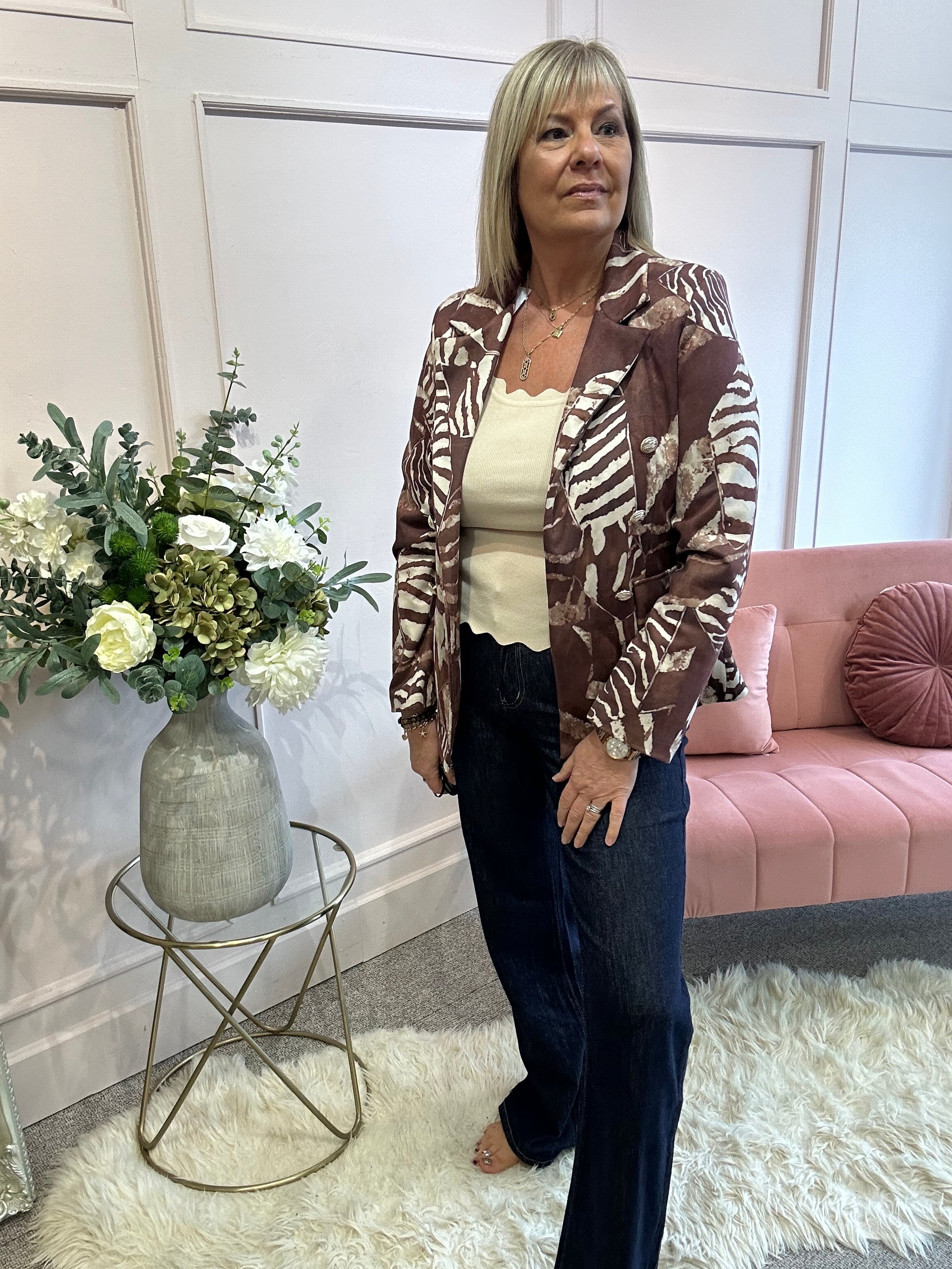 Leafy Double Breasted Jacket - Brown/Cream