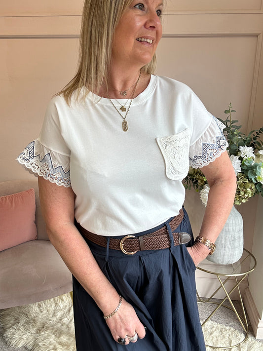 Embroidery & Crochet T Shirt  - White/Blue - Wardrobe By Simone