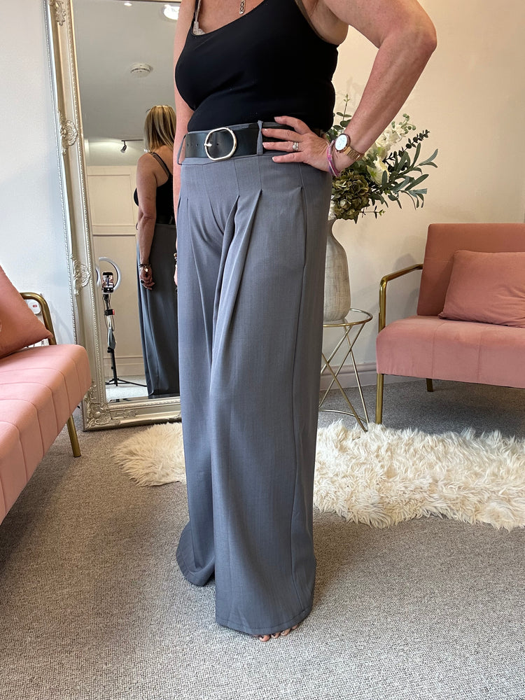 Wide Leg Pin tuck Front Trouser - Grey