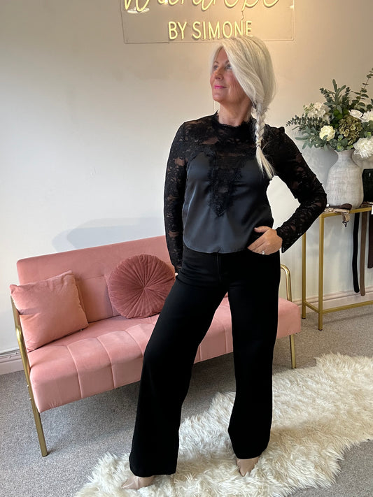 Lace & Satin Top - Black