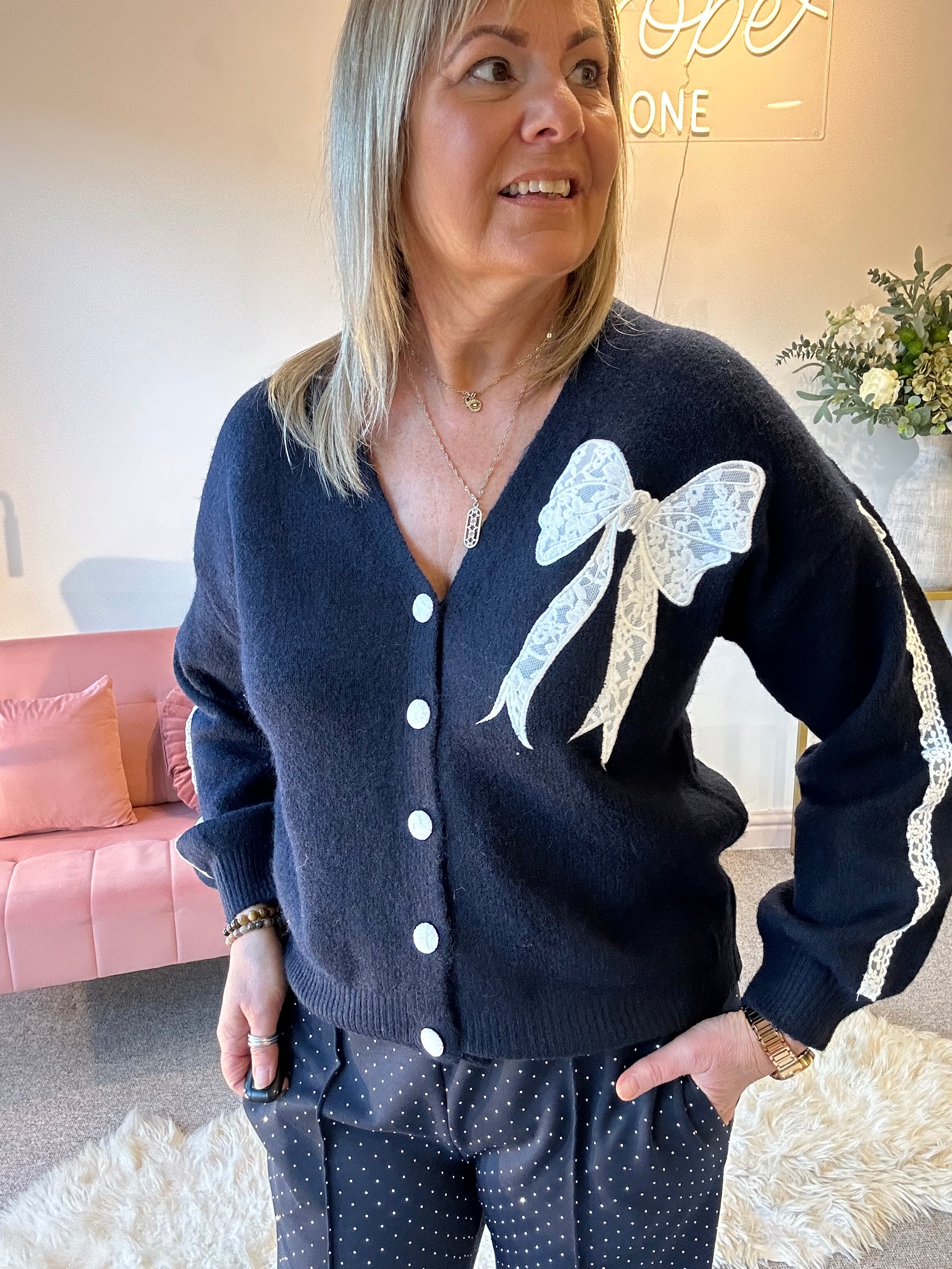 Lace Bow Detail Cardigan - Navy/White