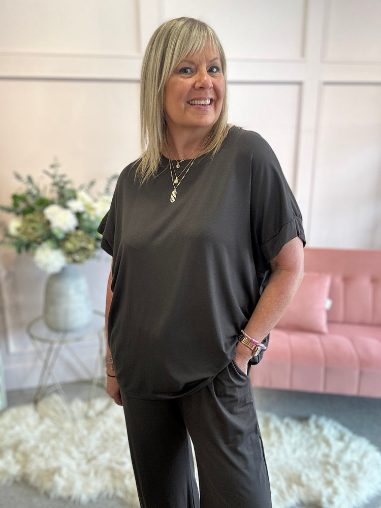 T Shirt & Wide Pant Lounge Set - Brown - Wardrobe By Simone