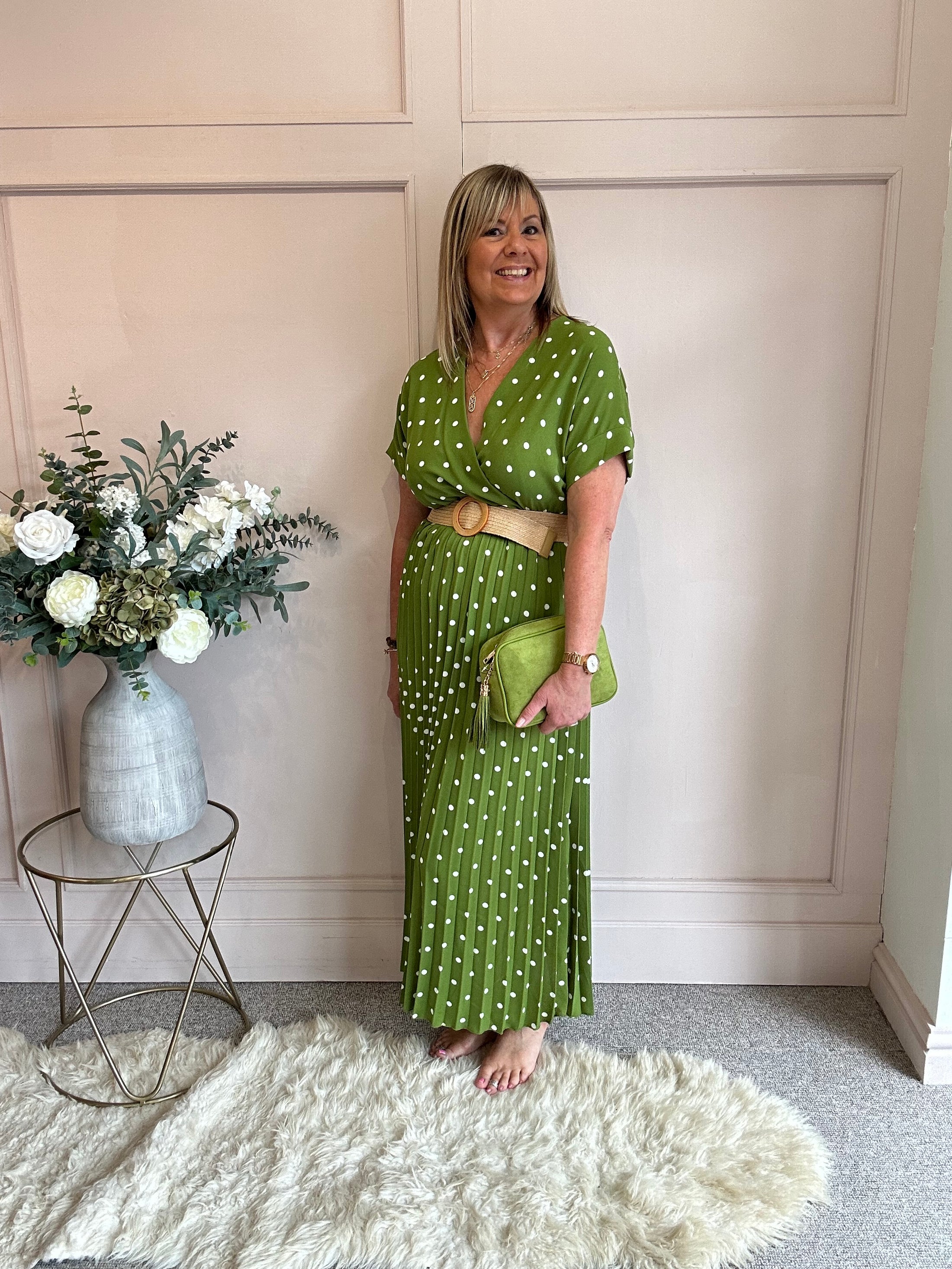 Spotty Pleated Dress- Lush Green - Wardrobe By Simone