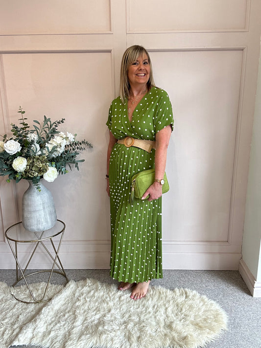 Spotty Pleated Dress- Lush Green - Wardrobe By Simone