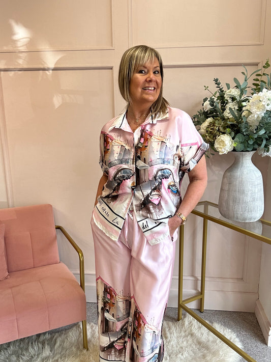Vienna Scene Shirt & Pant Set - Pink/Mix - Wardrobe By Simone