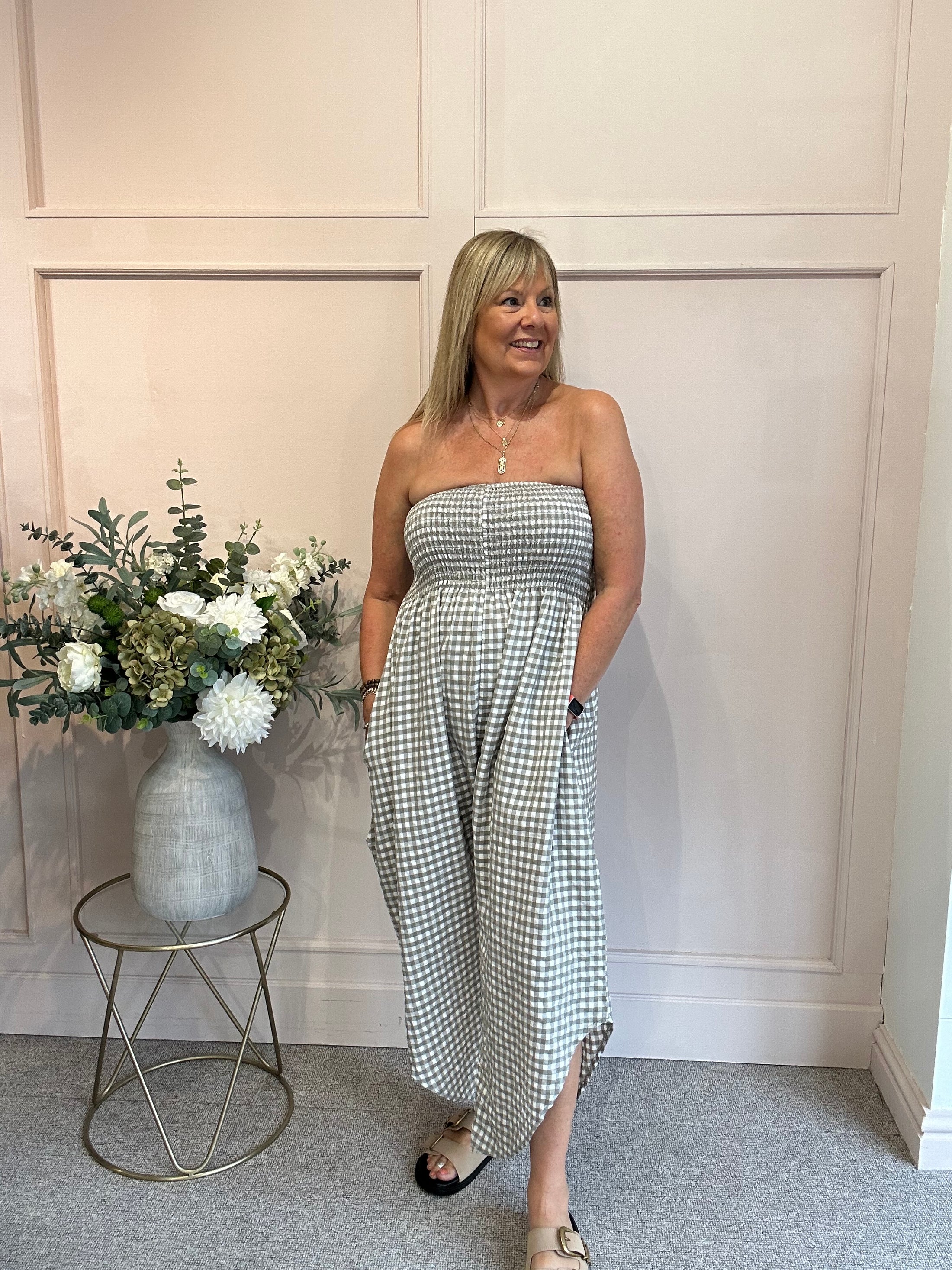 Elasticated Bodice & Gingham Jumpsuit - Taupe/White