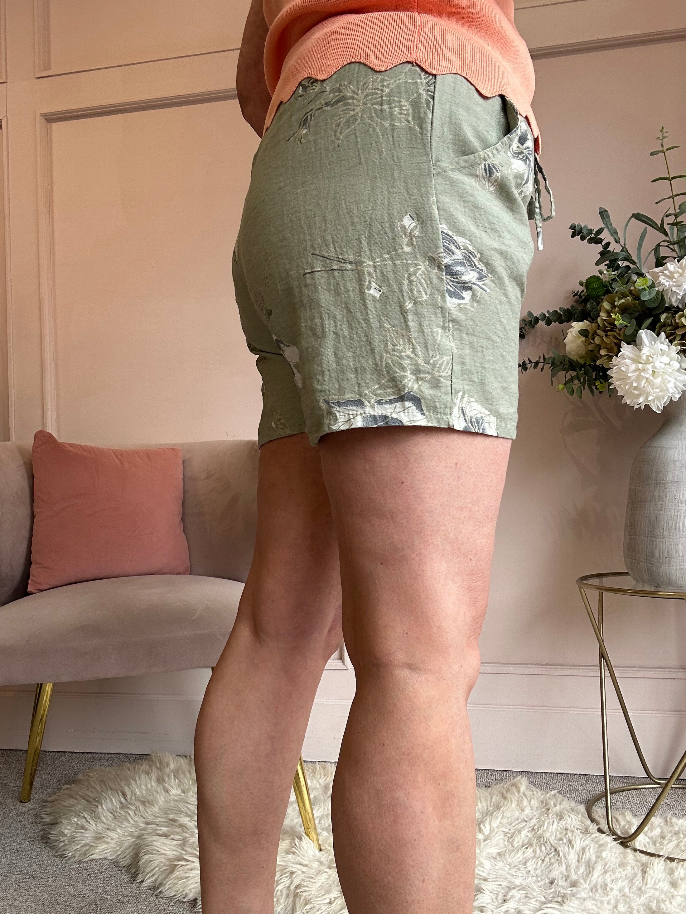 Belted Floral touch of Gold Shorts - Green - Wardrobe By Simone