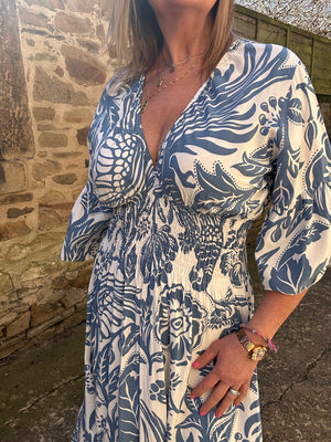 Flower Leaf Mix Maxi Dress - Blue/White