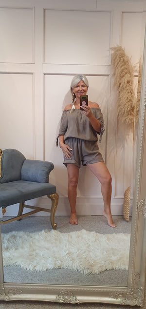 Linen Bardot Top & Shorts Playsuit - Taupe