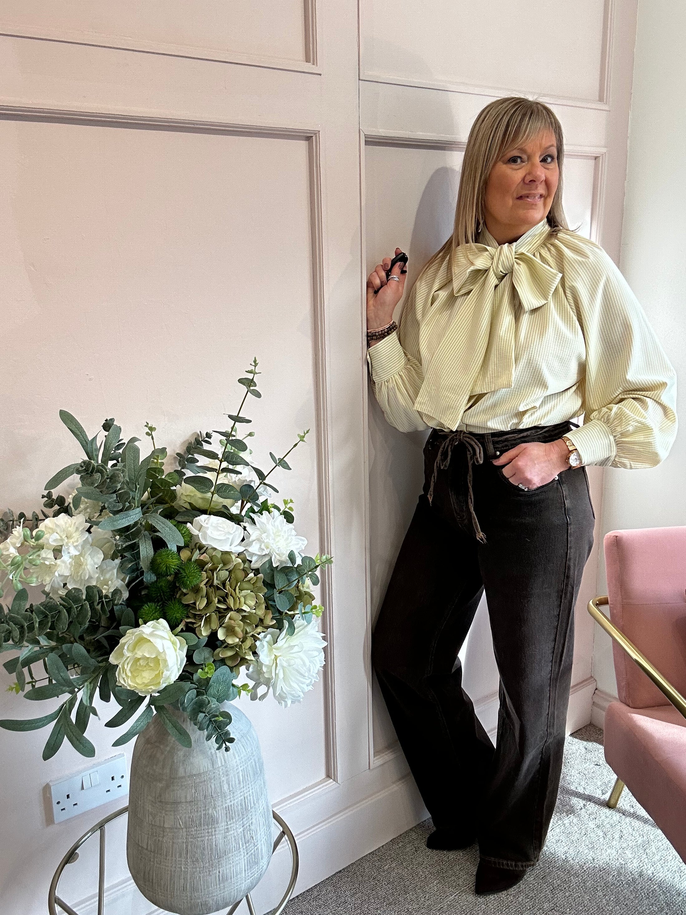 Striped Bow Blouse - pistachio Green/Cream - Wardrobe By Simone