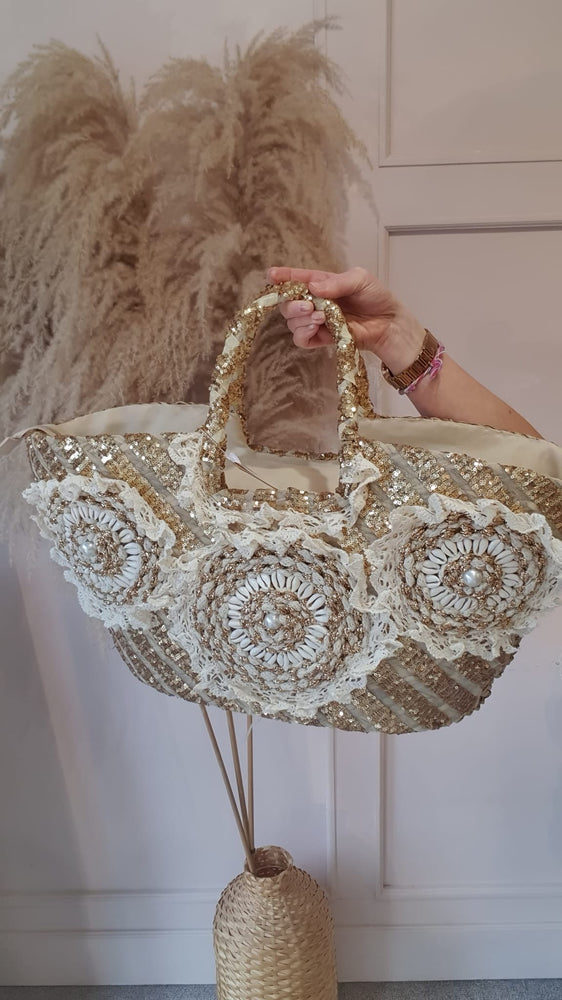 Broderie Anglaise & Shell  Large Straw Tote Bag - Straw/Gold - Wardrobe By Simone