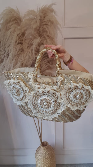 Broderie Anglaise & Shell  Large Straw Tote Bag - Straw/Gold - Wardrobe By Simone