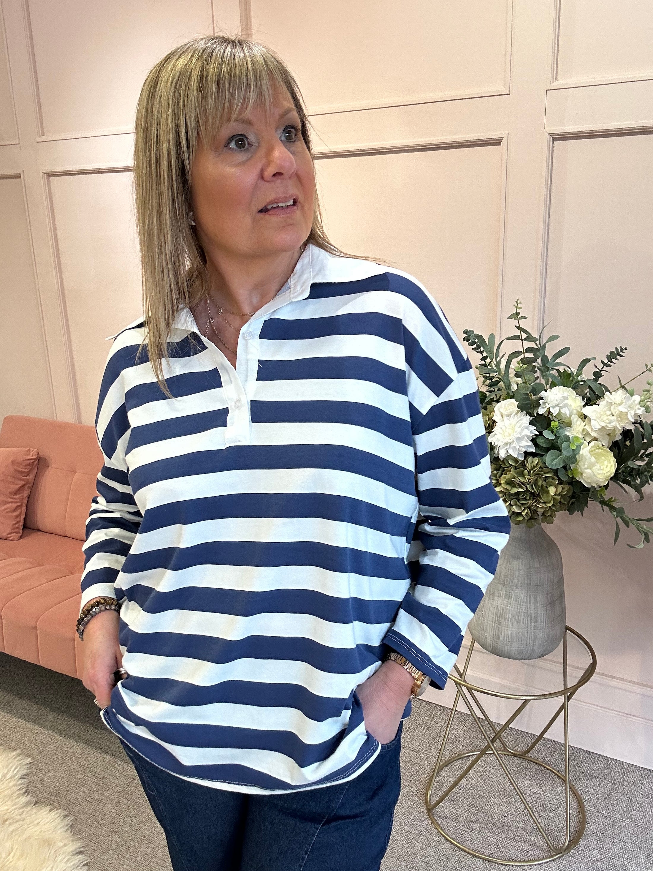 Striped Rugby Shirt Top - Navy/White - Wardrobe By Simone