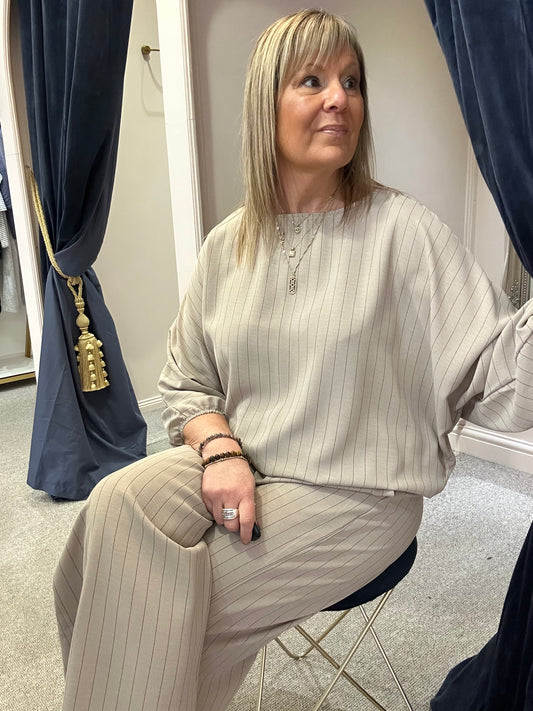 Pinstriped Batwing Top & Pant Set - Taupe/Brown - Wardrobe By Simone