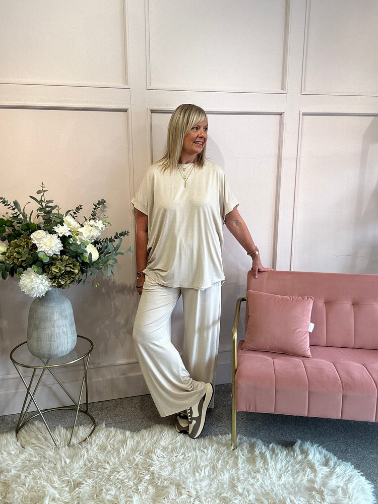 T Shirt & Wide Pant Lounge Set - Creamy Beige - Wardrobe By Simone
