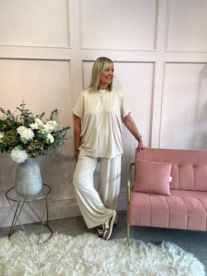 T Shirt & Wide Pant Lounge Set - Creamy Beige - Wardrobe By Simone