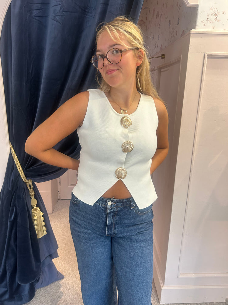 Gold Shell Buttons Waistcoat - Creamy White - Wardrobe By Simone