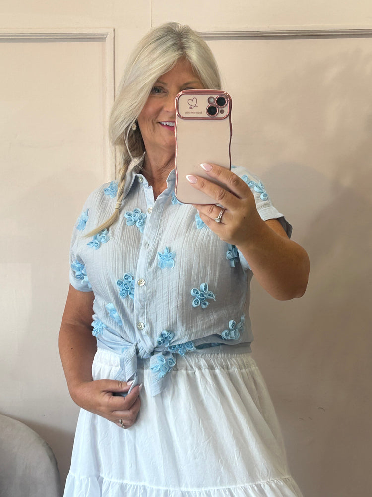 Daisy Applique Design Shirt - Soft Blue