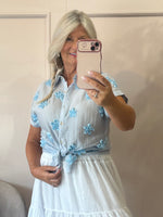 Daisy Applique Design Shirt - Soft Blue