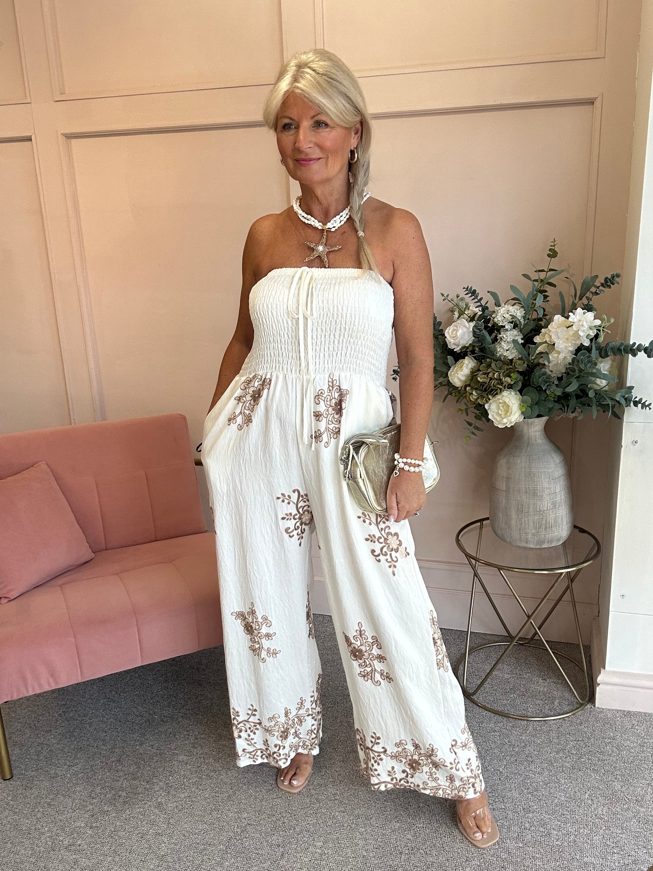 Floral Embroidered Detailed Jumpsuit - Cream/Beige - Wardrobe By Simone