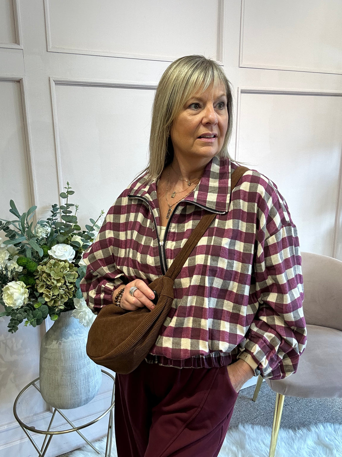 A Checked Zip Jacket - Burgundy/Cream - Wardrobe By Simone