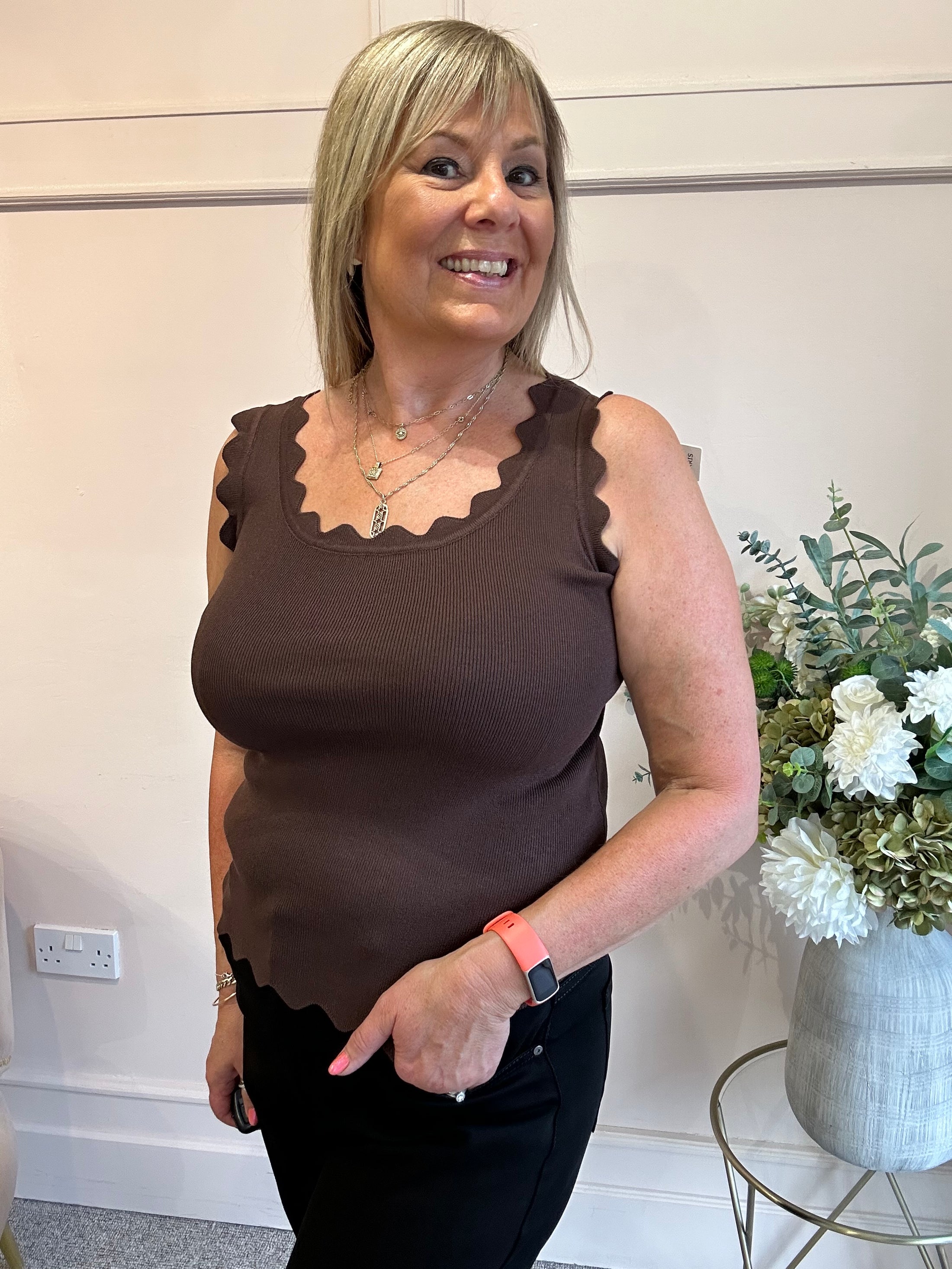 Scalloped Edged Vest Top - Brown