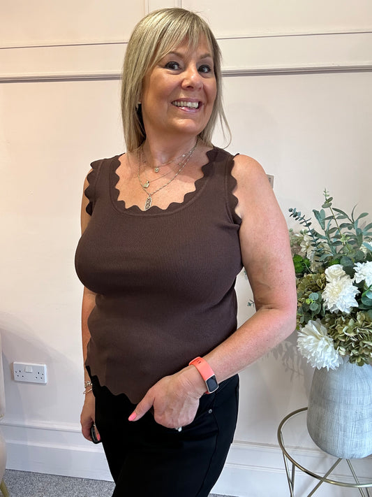 Scalloped Edged Vest Top - Brown - Wardrobe By Simone