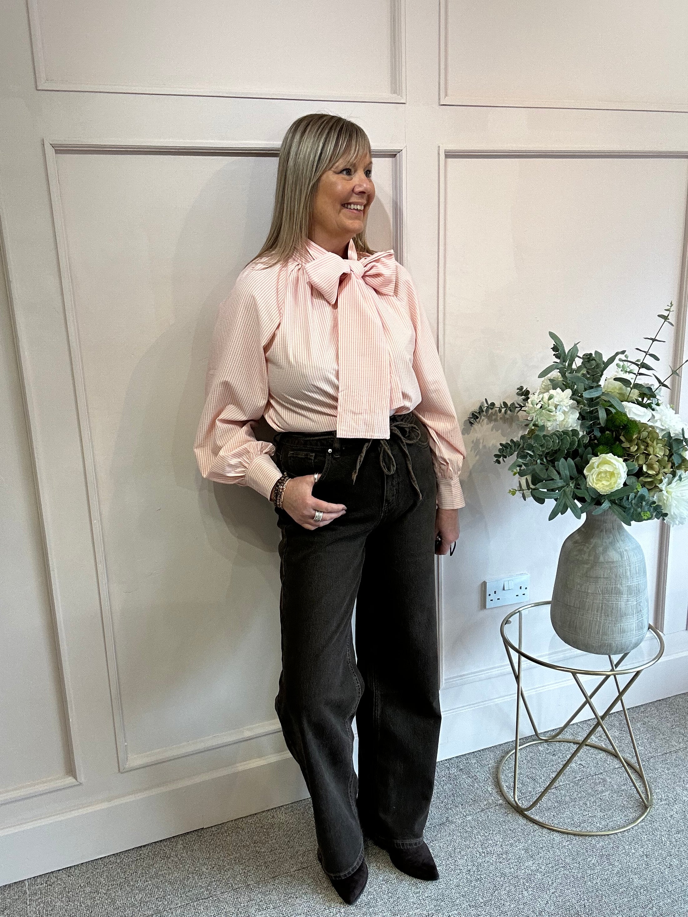 Striped Bow Blouse - Candy Pink / Cream