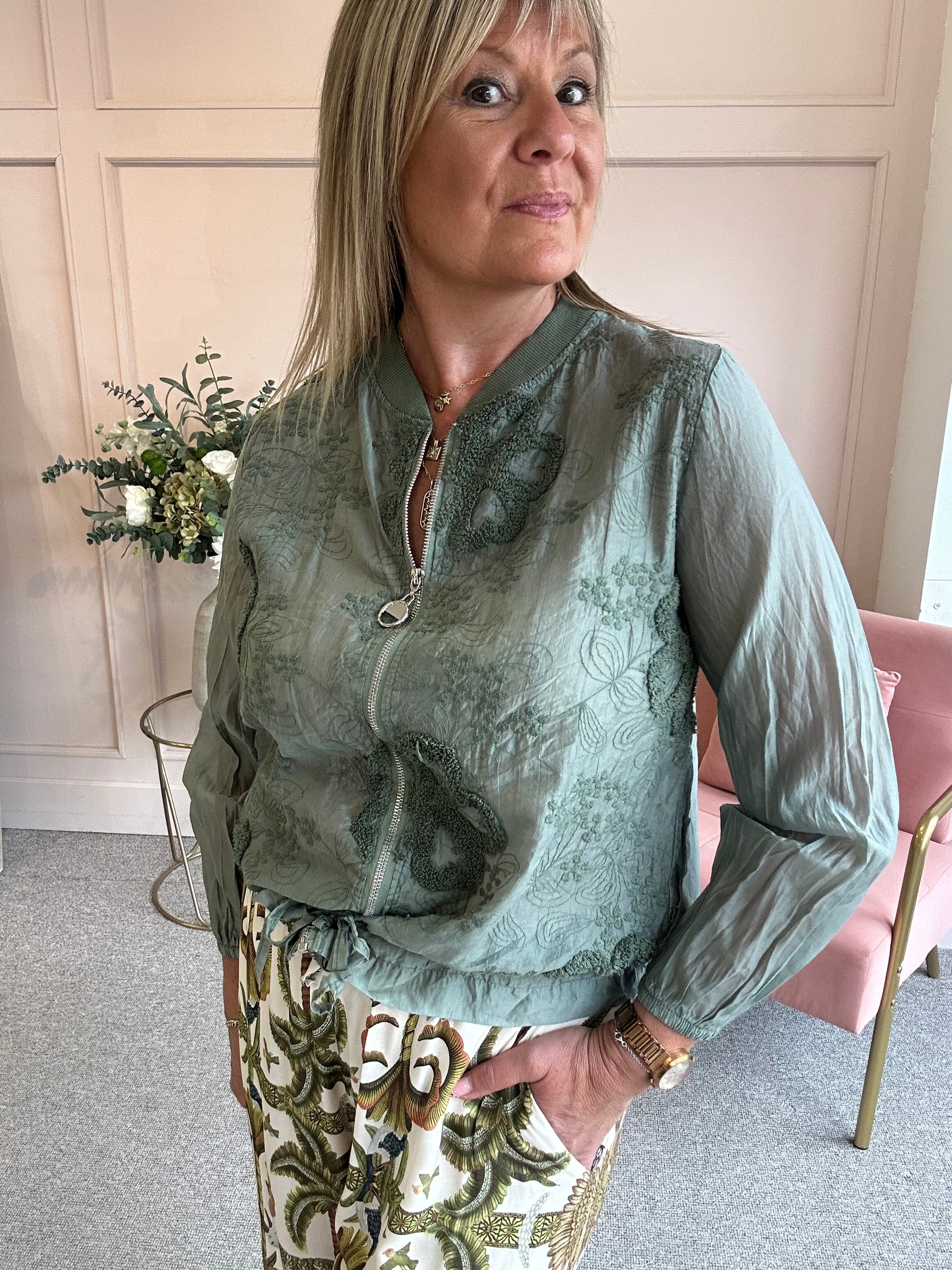Embossed Floral Zip Jacket - Sage Green
