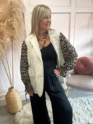 Pinstripe & Leopard Sleeve Blazer - Cream/Leopard - Wardrobe By Simone